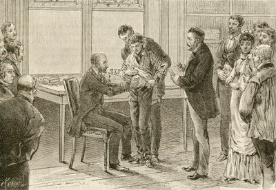 Doktor Pasteur undersøger dreng inficeret med rabies. 1800-tallet (gravering) af French School