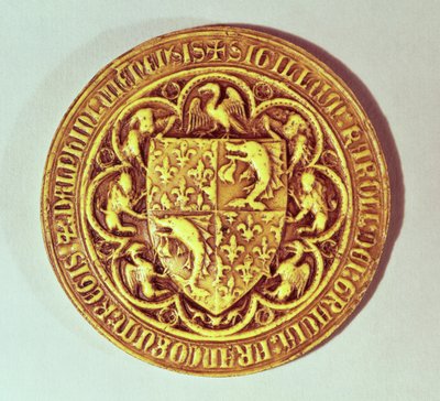 Delfinsæl, Frankrigs skjold, med delfiner og fleur-de-lys, 1376 af French School