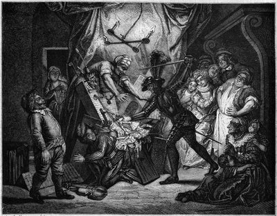 Don Quixote kæmper mod de dukker, han tror er maurere. Gravering af V. Beauce efter maleriet af Charles Antoine Coypel (1694 - 1752), der illustrerer romanen af Cervantes (1547-1616). I "" Le Magasin maleriske"" af French School
