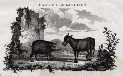 Æsel og orne. Fabel om Esope. (Græsk forfatter Esopo eller Ecopus, 6. århundrede f.Kr.) Skrevet af Guillaume Montfort og Gravees af Beauble i 1801. af French School
