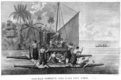 Dobbelt Pirogue of the Friendly Islands, illustration fra Atlas du Voyage a la recherche de La Perouse, 1792 af French School
