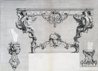 Dobbeltforgrenet lysestage med rokoko og klassiske elementer, fra en mønsterbog med neo-klassiske metaldesigns sammensat af Duhamel, ca. 1770