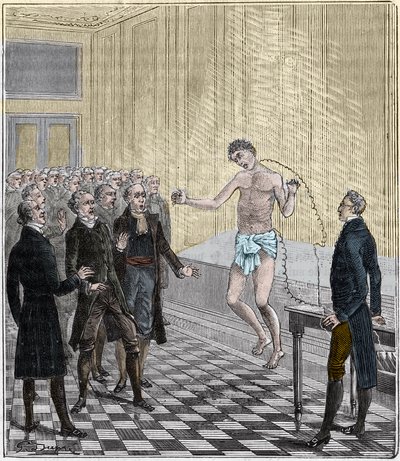 Dr. Andrew Ure udfører voltaiske eksperimenter på liget af den henrettede morder, Clydesdale, i 1818 - Erfaring af Andrew Ure (1778-1857) på et lig - Indgravering i "" Videnskaber sat for døren til alle - fysik og kemi"" af Alexis Clerc - Slut 19 af French School