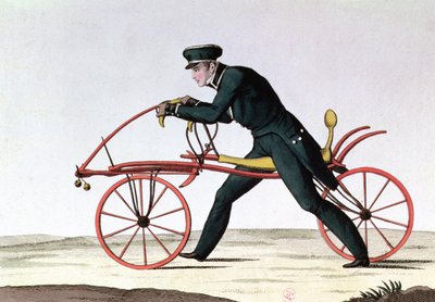 Draisienne, forfader til cyklen, opfundet 1816 af baron Karl von Drais (1785-1851), 1820 (farvegravering) af French School