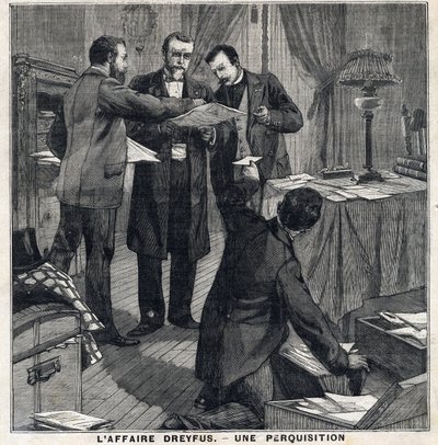 Dreyfus-sag: Tre civilklædte betjente og en politikommissær foretager en ransagning af Georges Picquarts hjem (1854-1914). I "" Le Peute Parisien"" den 5/12/1897. Privat samling af French School