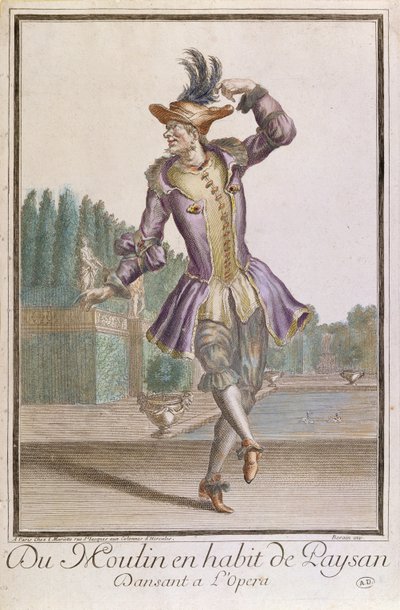Du Moulin i et bondekostume til en ballet på LOpera, udgivet af Mariette, slutningen af det 17. århundrede af French School
