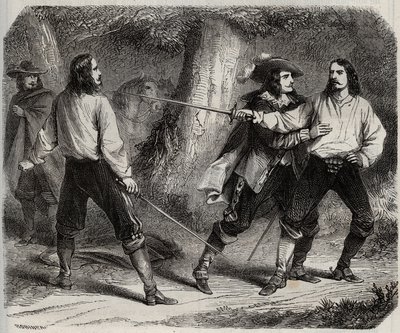 Duel har sværdet mellem Viscount of Cahuzac og markisen af Gesvres, hvis dronning af Frankrig Anne af Østrig er forelsket, i skoven i Vincennes. 17. århundrede. Indgravering fra 1871 i "Histoire Des Cocuses Celebres"" af Henry de Kock (1819-1892). af French School