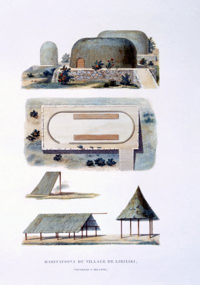Boliger i Likiliki Village, New Ireland, 1826 af French School