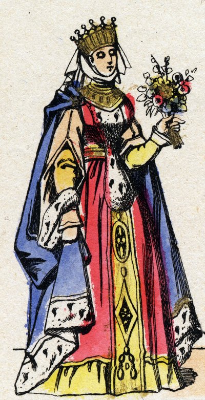 Capetianernes dynasti: Portræt af Marguerite af Provence (1221-1295), dronning af Frankrig, hustru til Ludvig IX af Frankrig (1214-1270). Epinal billeddannelse fra slutningen af det 19. århundrede. Privat samling. af French School