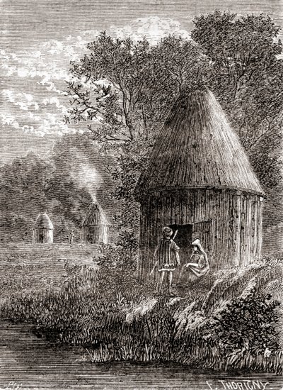 Tidlige galliske huse, en rund hytte med et hul i taget for at tillade røgen fra ilden at slippe ud, fra 