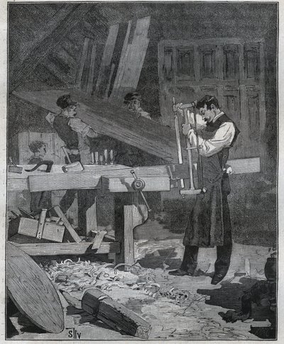 Ebenisterie: ebenist-arbejder, der deler en bestyrelse på det etablerede. Indgravering fra 1885 i "" Les arts et metiers illustres"" af Adolphe BITARD. af French School