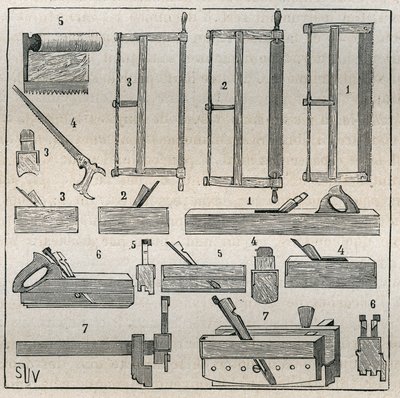 Ebenisterie: sædvanligt værktøj, save og høvling. Indgravering fra 1885 i "" Les arts et metiers illustres"" af Adolphe BITARD. af French School