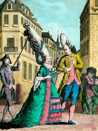 Excentriske frisurer i det 18. århundrede: den franske kvinde på gåtur. Indgravering af det 18. århundrede. Privat samling. af French School