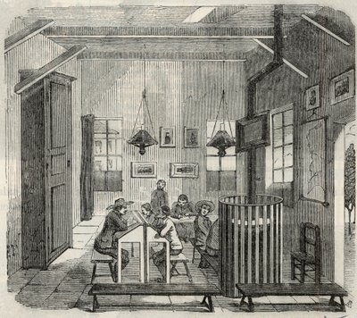 Skole for idioter i Bicetre i det 19. århundrede - Indgravering i "Tableau-de-Paris" af Edmond Texier 1852 af French School