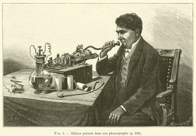 Edison taler ind i sin fonograf (gravering) af French School