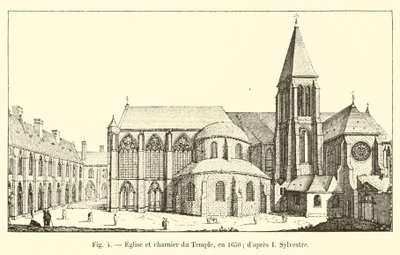 Templets kirke og kirkehus i 1650; efter I Sylvester af French School