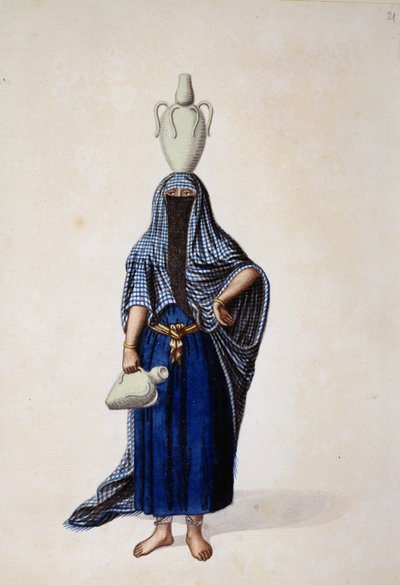 Egyptisk kvinde, der bærer en Ibrik-vandkrukke, sandsynligvis af Cousinery, osmannisk periode, tredje kvartal af 1700-tallet (wc på papir) af French School