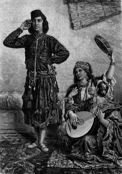 egyptiske musikere og dansere. Mand holder bækkener mellem fingrene. Gravering i "" Le Journal de la jeunesse"" af French School