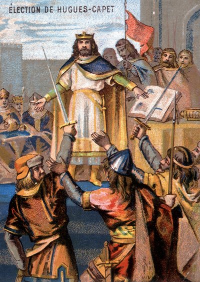 Valg af Hugues-Capet (987) bliver konge. Chromolithography of the Series "" Patriotic Education through Image "". af French School