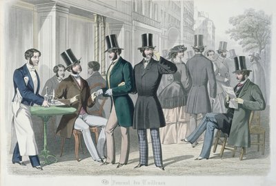 Elegante unge mænd på terrassen til en café, 1857 (farvegravering) af French School