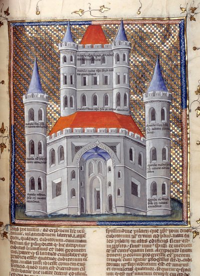Forhøjning af facaden på Salomons tempel i Jerusalem Miniature taget fra "Kommentarer til Bibelen" af Nicholas of the Lyra (13. århundrede) 14. århundrede Cambrai, kommunalt bibliotek af French School