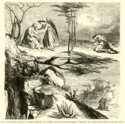 Elias, i ørkenen, fodret af en engel, Elias, lægger sig ned, lytter til Herren, Elias leder Elise (gravering) af French School