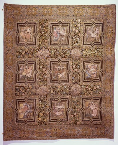 Broderet bordtæppe med bibelske scener, ca. 1600 (uld og silke på lærred) af French School