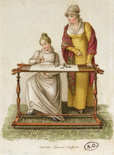 Broderi, ca. 1810-20 (farvet gravering) af French School