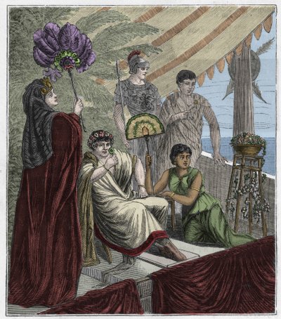 Smaragdblad brugt som et optisk instrument af kejser Nero, kejser Nero, kejser af Rom (54-68 e.Kr.), der ser gladiatorkampe gennem en konkavt slebet smaragd, der tjener som en linse til at rette op på hans nærsynethed - Indgravering i "Sciences mises à la  af French School
