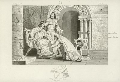 Emma of France kisses the knee of her husband Raoul, in recognition of his sovereignty  af French School