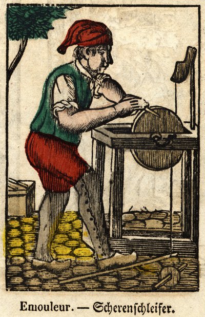 Emouleur (består i at slibe genstande med slibeskiven); Serie om kunsthåndværk, billede af Epinal fra det 19. århundrede. af French School