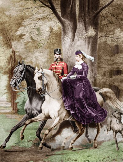 Kejser Franz Joseph den første og kejserinde Elisabeth af Østrig fra Wittelsbach (1837-1898) rider på heste (kobberstik) af French School