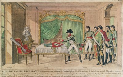 Kejser Napoleon I overvejer Frederik den Stores sværd i Potsdam i 1806 (farvestik) af French School