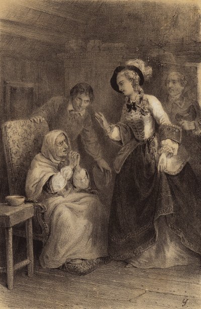 Kejserinde Maria Theresa fra Østrig besøger en husbundet fattig kvinde (Litho) af French School