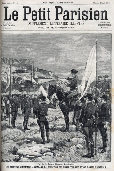 Afslutningen på den spansk-amerikanske krig (American Hispano) i 1898. Amerikanske officerer annoncerer ophør af fjendtligheder ved de spanske forposter. Indgravering i "" Le petit parisien"" fra 1898. af French School