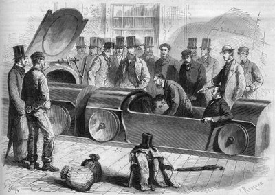 England 1865: London Air Railway. Hertugen af Buckingham og flere medlemmer af selskabet begyndte den pneumatiske rejse. Stik fra 1865. af French School