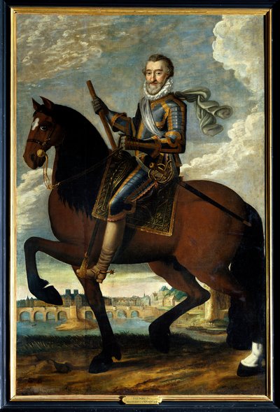 Rideportræt af Henrik IV (1553-1610) konge af Frankrig foran Pont Neuf i Paris. Anonymt maleri fra det 17. århundrede. Olie på lærred. Obligatorisk omtale: Sully sur Loire, Chateau de Sully af French School