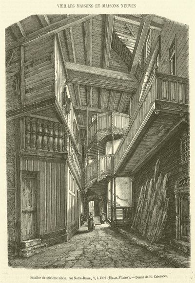 Trappe fra det sekstende århundrede, rue Notre-Dame, 7, i Vitre, Ille-et-Vilaine (gravering) af French School