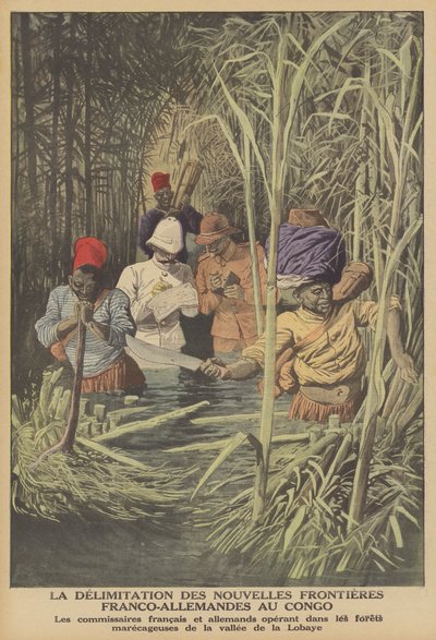 Etablering af grænsen mellem franske og tyske territorier i Congo (farve litho) af French School