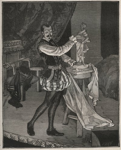Etienne Marin Melingue (1808-1875), fransk skuespiller, der spiller billedhugger Benvenuto Cellini i Alexandre Dumas peres "Ascanio", tilpasset til scenen af Paul Meurice. Indgravering fra 1880 i "" Les arts et metiers illustres"" af Adolphe BITARD. af French School