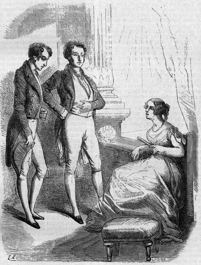 Eugene de Rastignac præsenteret for Madame de Nucingen af markisen af Adjuda. Gravering midten af 1800-tallet. Illustration til "The Father Goriot" af Honore de Balzac (1799-1850). af French School