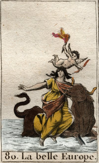 Europa kidnappet af Zeus i form af en tyr fra "Mythologie de la jeunesse" af Pierre Blanchard 1803. af French School