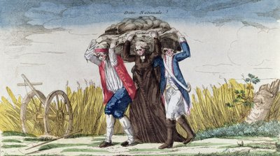 Alle bærer byrden af skatter og statsgæld, ca. 1789 (farvegravering) af French School