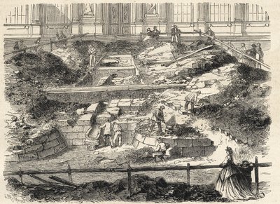 Udgravninger i Cour Carree du Louvre - Opdagelse af fundamentet af Philippe Augustes tidligere tårn - Udgravninger udført i Louvres gårdhave - opdatering af fundamentet til det tidligere Tour Philippe-Auguste - Indgravering i "Le monde i af French School