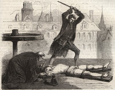 Henrettelse (Le torice de la roue) af forgiftningsmanden Antoine-Francois (Antoine Francois) Desrues (1744-1777) på Place des Greves i Paris i 1777 - Straf af Desrues, knækket på hjulet på Place de Greve i Paris af French School