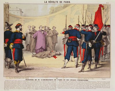 Henrettelse af ærkebiskoppen af Paris, Monseigneur Darboy, under Pariserkommunen, 1871 (farvestik) af French School
