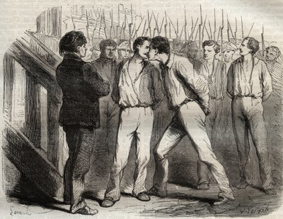 Henrettelse af de fire sergenter i La Rochelle den 21. september 1822: Bories, Raoulx, Gaubin, Pommier - Raoulx, som skulle passere den første, bad om at omfavne sine kammerater - Indgravering i "" Causes celebres de tous les peuples"" af Armand Fouquier ( af French School