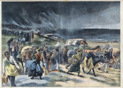 Udvandring af indbyggerne i Fort de France (Fort-de-France) efter udbruddet af vulkanen de la Montagne Pelee på Martinique. Gravering i "" Le Petro Parisien"" af French School