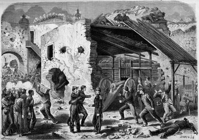 Ekspedition til Mexico (1861-1867) - belejring af Puebla - 1863: angreb på en ramme (husblok) af den franske hær. Vel inde i byen måtte de franske soldater kæmpe kvarter for kvarter. Indgravering i ""Verden I af French School