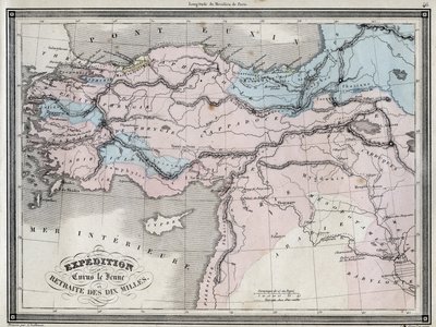 Ekspedition af Cyrus den Unge (5. århundrede f.Kr.) og tilbagetog af de ti miles - Plade udtrukket fra "" Universal Atlas for gammel og moderne geografi til beboelsesskoler"" af Vuillemin - ca. 1845 af French School